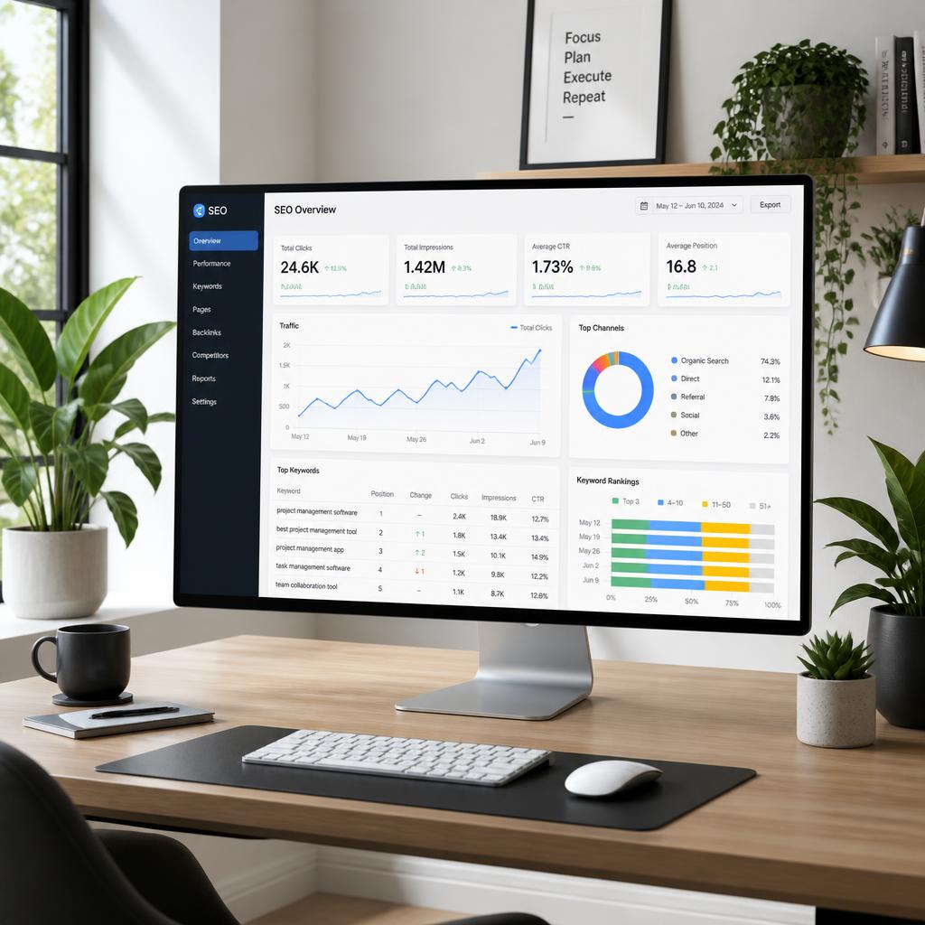 A modern minimalist workspace with a large monitor displaying an SEO analytics dashboard showing website traffic graphs and keyword ranking data, surrounded by plants and natural lighting, no people visible
