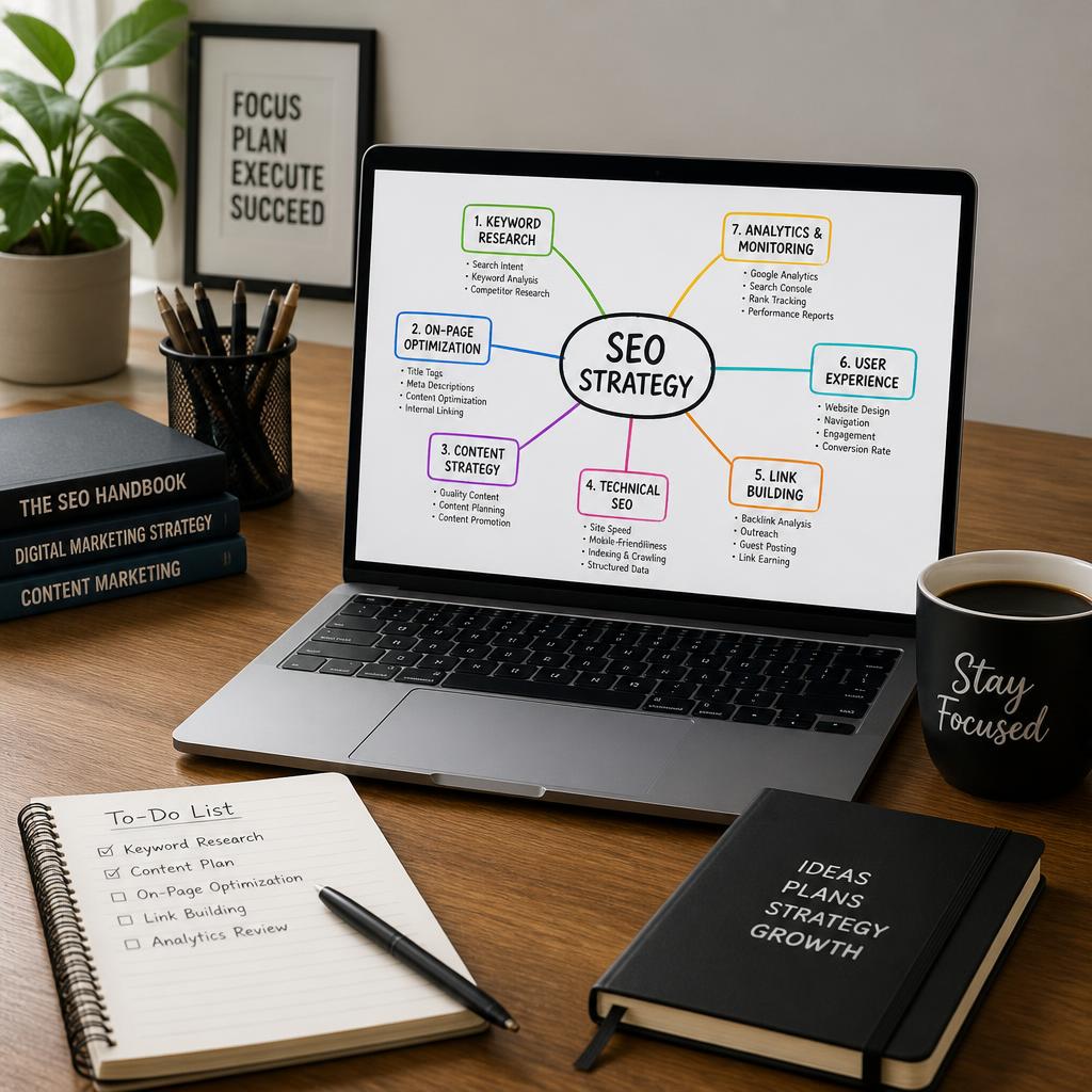 A clean professional desk setup with a laptop displaying a colorful SEO strategy mind map, notebooks, and a coffee cup on a wooden desk, no people in the image